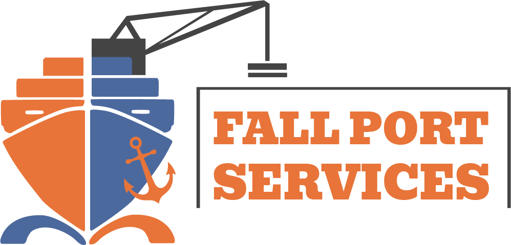 FALL PORT SERVICES BLUE-BLACK LOGO: UN BARCO DE CARGA SUBIENDO UN CONTENEDOR